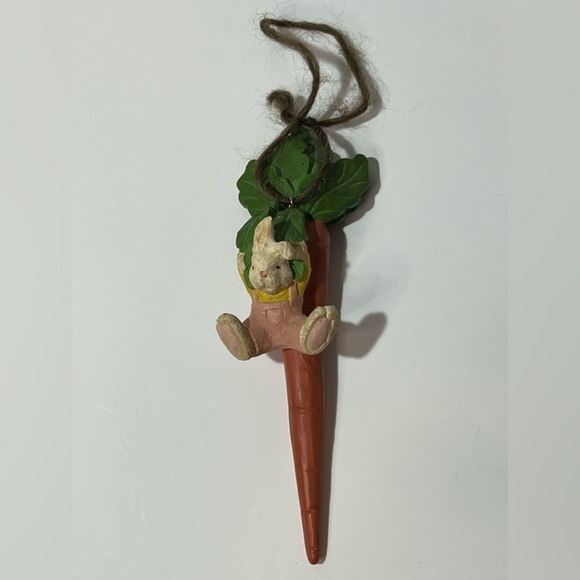 VTG Easter Bunny Rabbit Figurine Laying Down on Carrot Easter Wood - Picture 1 of 8